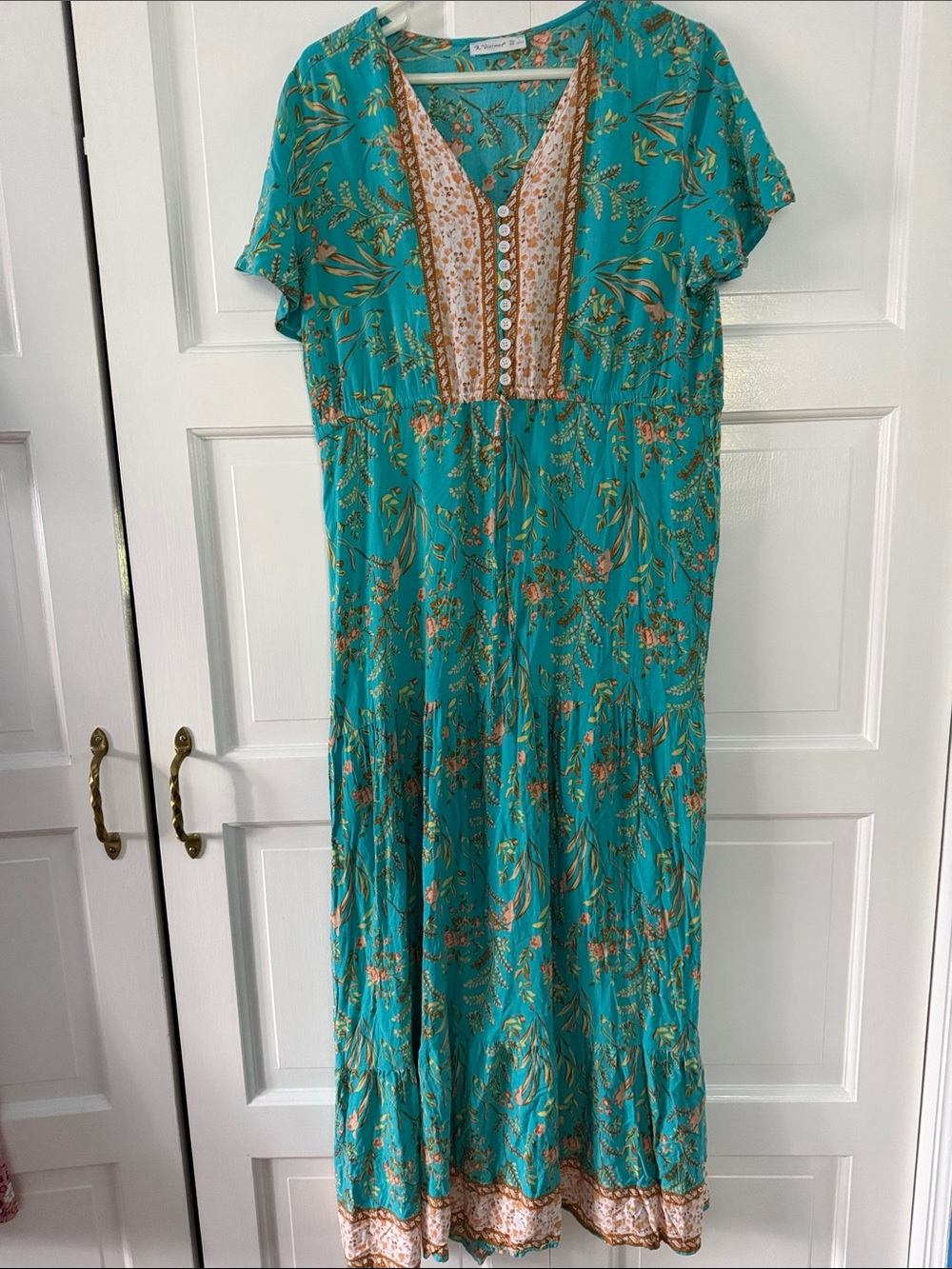 Boho Teal Floral Maxi Dress with Contrast Bodice